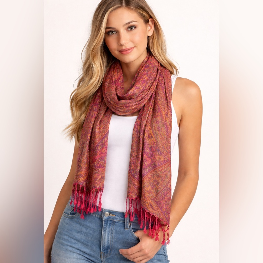 Boho Paisley Fringe Scarf Wrap Shawl Red Gold Lightweight Long Scarf